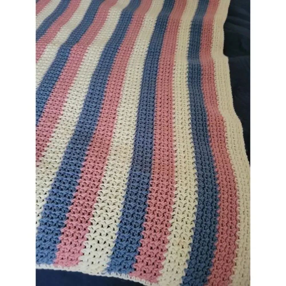 Handmade Large Crocheted Throw Blanket Pink Blue White Nice Quality 54 X‎ 47 in